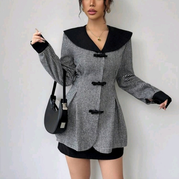 Women's Houndstooth Pattern Front Bow Decor Jacket - Picture 1 of 5